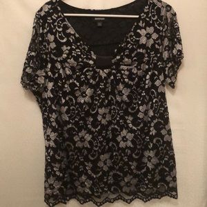 Black & silver floral lace overlay top